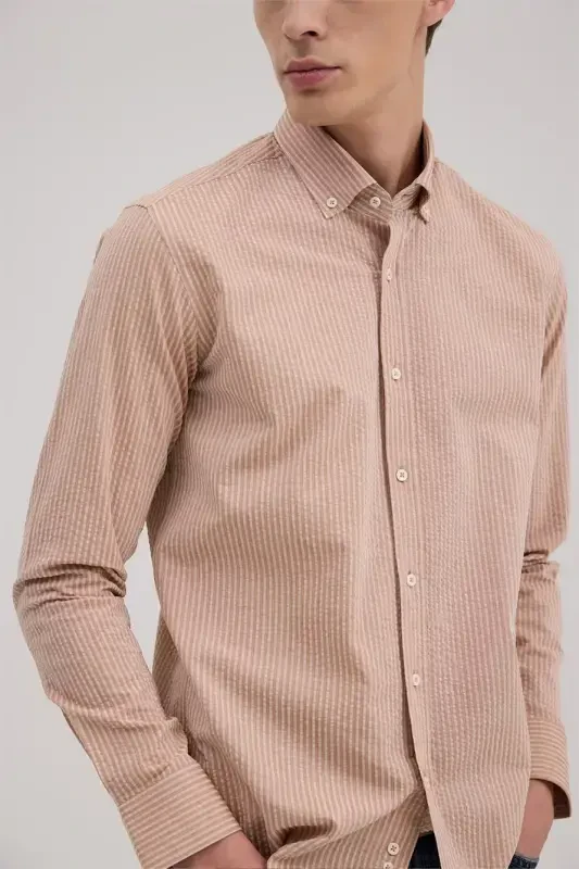 Qahva Comfort Fit 100% Paxta Chiziqli Ko'ylak - 3