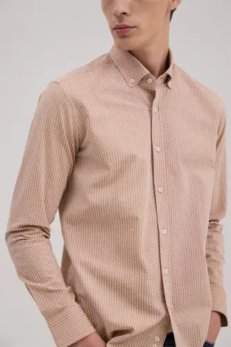 Qahva Comfort Fit 100% Paxta Chiziqli Ko'ylak - 3