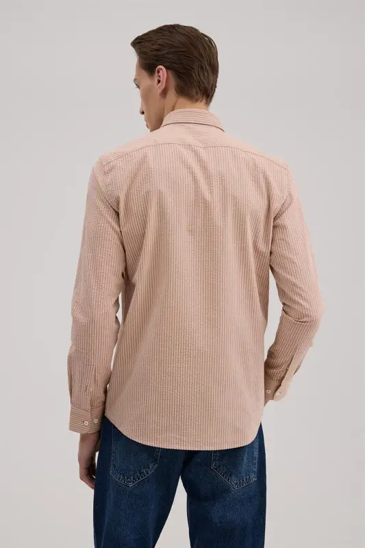 Qahva Comfort Fit 100% Paxta Chiziqli Ko'ylak - 4