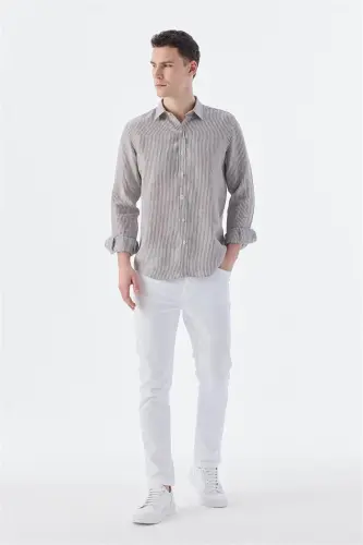 Qahva Comfort Fit Chiziqli 100% Zig'ir Ko'ylak - JAKAMEN (1)