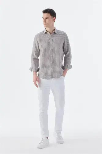 Qahva Comfort Fit Chiziqli 100% Zig'ir Ko'ylak - 2