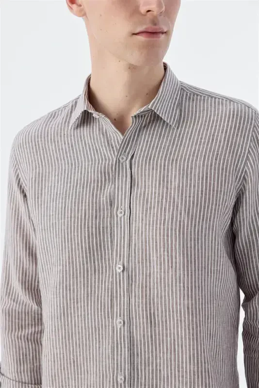 Qahva Comfort Fit Chiziqli 100% Zig'ir Ko'ylak - 3