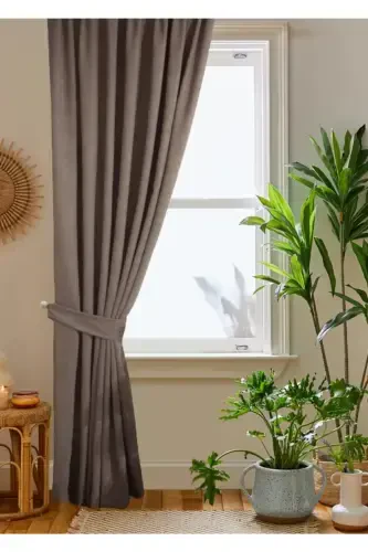 Qahva Petek Kadife Dokulu Fon Parda 140x260 Toʻgʻri Tikuvli Ekstrafor Büzgü-Jigarrang - 3