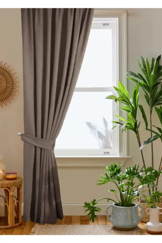 Qahva Petek Kadife Dokulu Fon Parda 140x260 Toʻgʻri Tikuvli Ekstrafor Büzgü-Jigarrang - 3