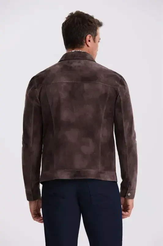 Qahva rang Comfort Fit Bo‘yinbog‘ Yoqali, cho‘ntakli 100% teri charm - 4