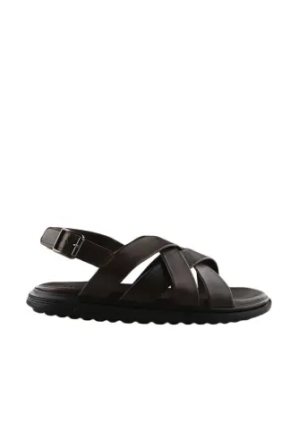 Qahva Rang Haqiqiy Teri Tasmali Tafsilotli Sandal 