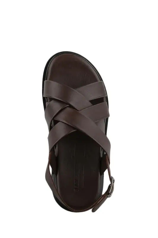Qahva Rang Haqiqiy Teri Tasmali Tafsilotli Sandal - 5