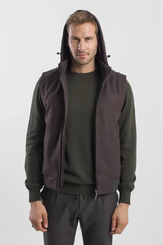 Qahva rangli Comfort Fit naqshli ajraluvchi kaputli yelek - 2