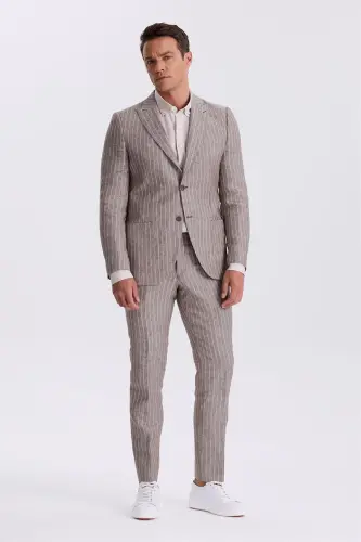 Qahva rangli Slim Fit Qaldirgʻoch yensli %100 zigʻir sport kostyum - 2