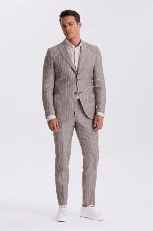 Qahva rangli Slim Fit Qaldirgʻoch yensli %100 zigʻir sport kostyum - 2