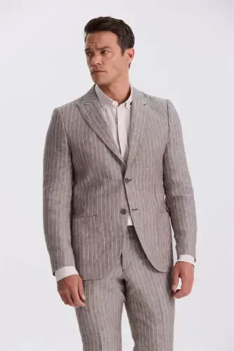 Qahva rangli Slim Fit Qaldirgʻoch yensli %100 zigʻir sport kostyum - 3