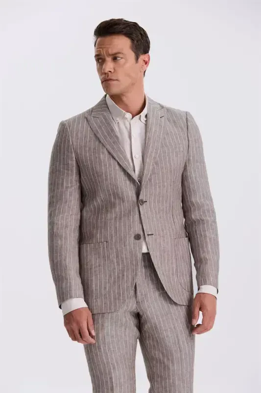 Qahva rangli Slim Fit Qaldirgʻoch yensli %100 zigʻir sport kostyum - 3