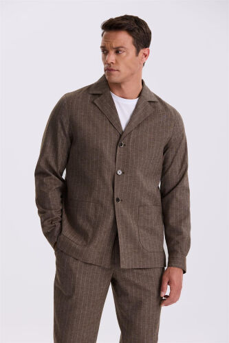 Qahva Slim Fit Apaş Yoqali Zig'ir Aralash Chiziqli Kostyum - JAKAMEN (1)