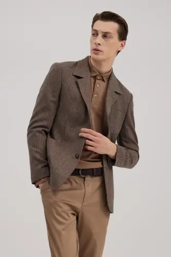 Qahva Slim Fit Barberi Yoqali Chiziqli Kurtka - 2