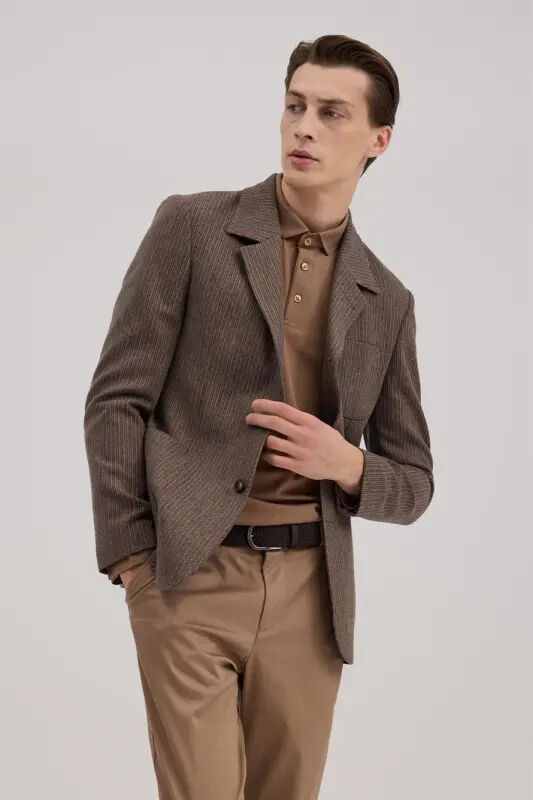 Qahva Slim Fit Barberi Yoqali Chiziqli Kurtka - 2