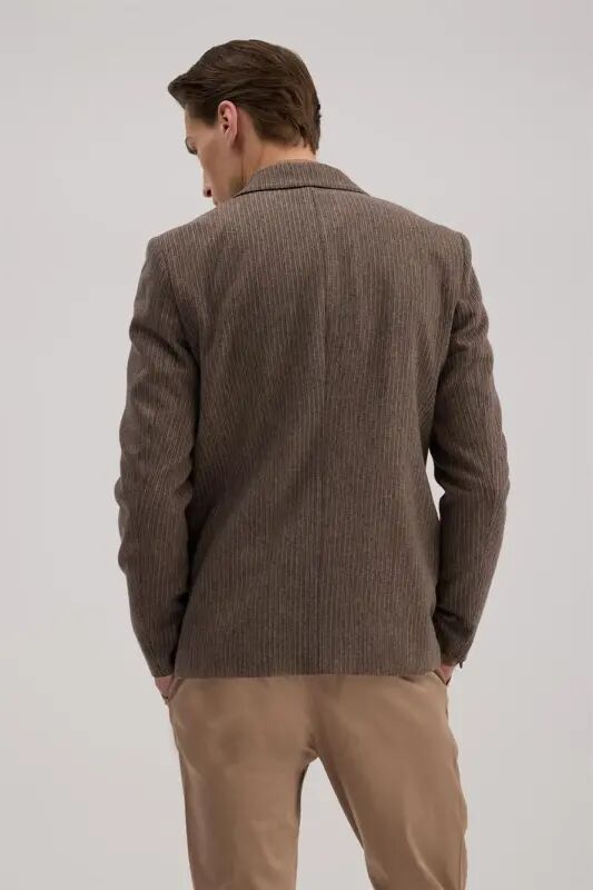 Qahva Slim Fit Barberi Yoqali Chiziqli Kurtka - 4