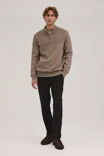 Qahva Slim Fit Fermuarli Trikotajli Ko'ylak - JAKAMEN (1)