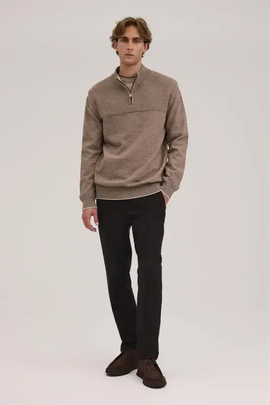 Qahva Slim Fit Fermuarli Trikotajli Ko'ylak - 2