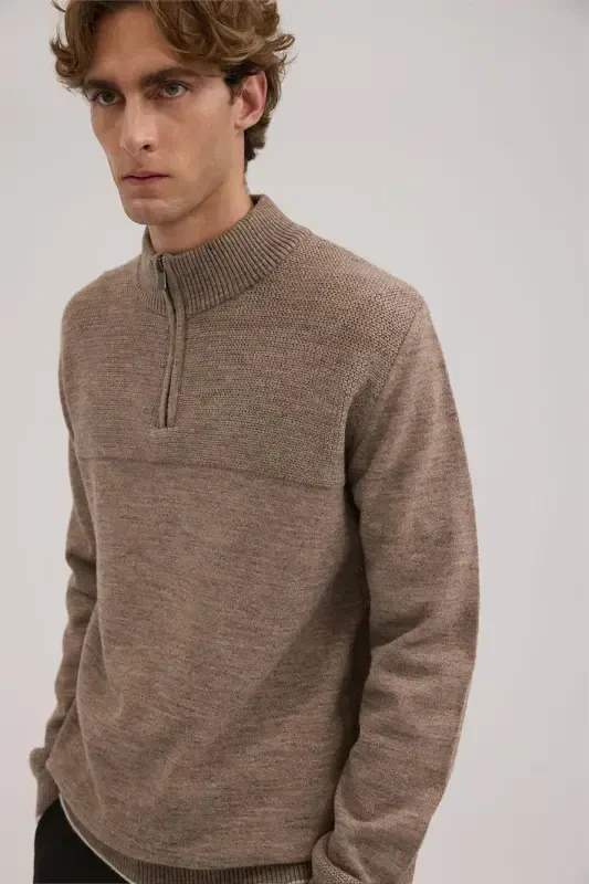 Qahva Slim Fit Fermuarli Trikotajli Ko'ylak - 3