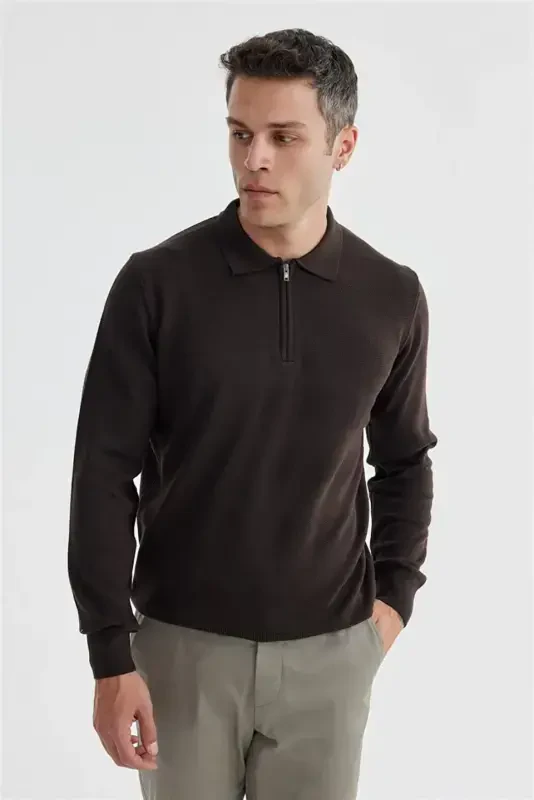 Qahva Slim Fit Paxta Naqshli Fermuarli Polo Yoqali Trikotaj Ko'ylak - 2