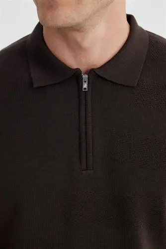 Qahva Slim Fit Paxta Naqshli Fermuarli Polo Yoqali Trikotaj Ko'ylak - 3