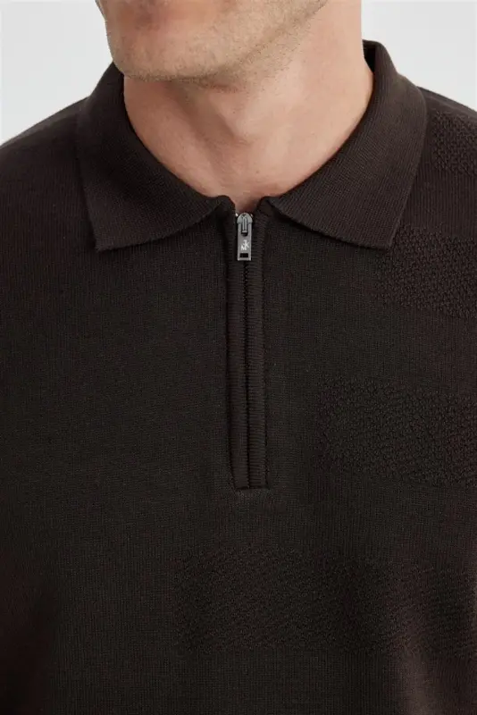 Qahva Slim Fit Paxta Naqshli Fermuarli Polo Yoqali Trikotaj Ko'ylak - 3