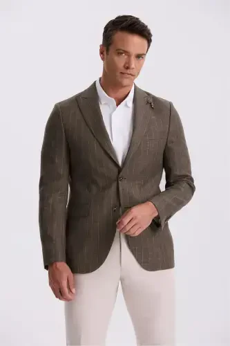 Qahva Slim Fit Qaldirg'och Yoqali Chiziqli Zig'ir Paxta Mavsumiy Kurtka 