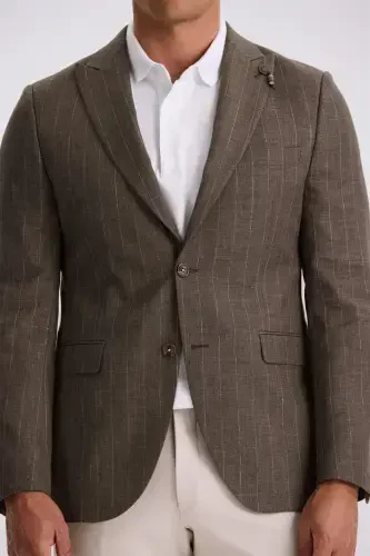 Qahva Slim Fit Qaldirg'och Yoqali Chiziqli Zig'ir Paxta Mavsumiy Kurtka - 3