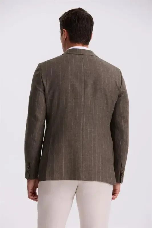 Qahva Slim Fit Qaldirg'och Yoqali Chiziqli Zig'ir Paxta Mavsumiy Kurtka - 4