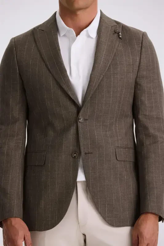 Qahva Slim Fit Qaldirg'och Yoqali Chiziqli Zig'ir Paxta Mavsumiy Kurtka - 3