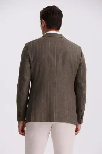 Qahva Slim Fit Qaldirg'och Yoqali Chiziqli Zig'ir Paxta Mavsumiy Kurtka - 4