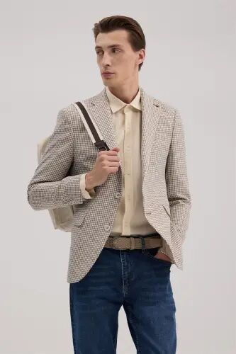 Qahva Slim Fit Uchli Yoqa Zig'ir Sport Pidjak - Jakamen (1)