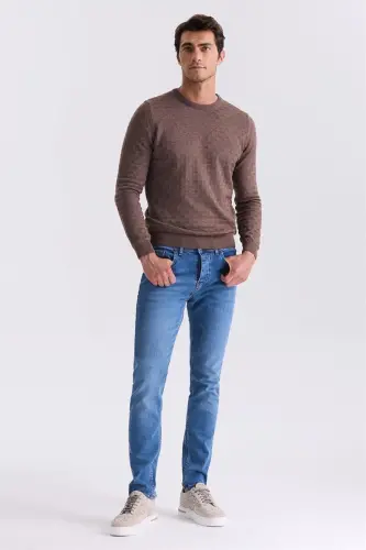 Qahva Slim Fit Velosiped yoqali naqshli triko kozok - JAKAMEN (1)