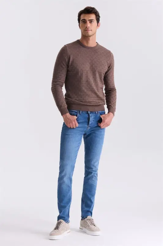 Qahva Slim Fit Velosiped yoqali naqshli triko kozok - 2