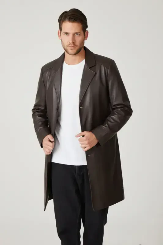 Qahva Tarkan tugmachali astarli trench erkaklar haqiqiy teri palto - QAHVA - 4