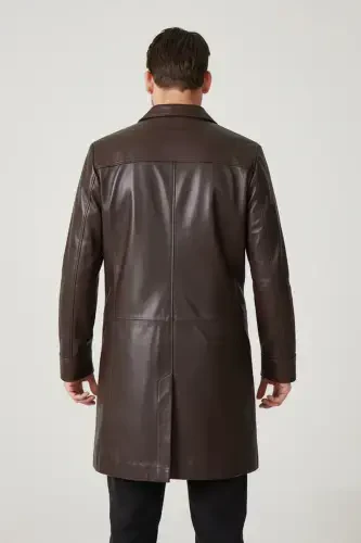 Qahva Tarkan tugmachali astarli trench erkaklar haqiqiy teri palto - QAHVA - 6