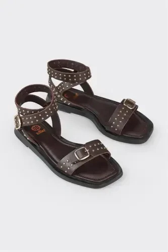Qahva Teri Ayollar Tekis Sandal-Qahva - ELLE (1)