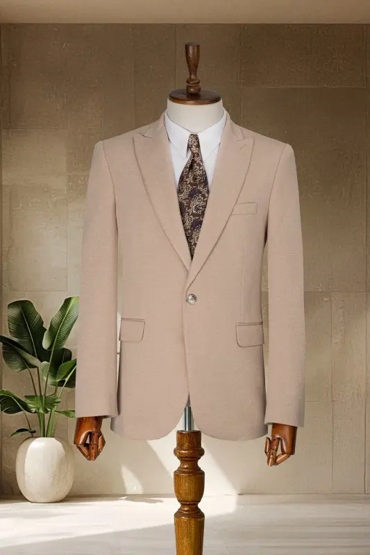 Qahvaxo‘ra To‘qimali Italyancha Uslubdagi Slim Fit Erkaklar Blazer Kurtkasi - Jigarrang Qaryag‘di - 1