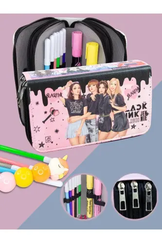 Qalam qutisi Black Pink Blink Vegan Teri Uch Bo'lmali (qalamdon)-BlackPink Blink Qora 