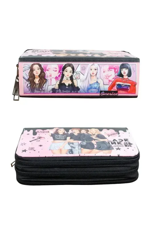 Qalam qutisi Black Pink Blink Vegan Teri Uch Bo'lmali (qalamdon)-BlackPink Blink Qora - 3