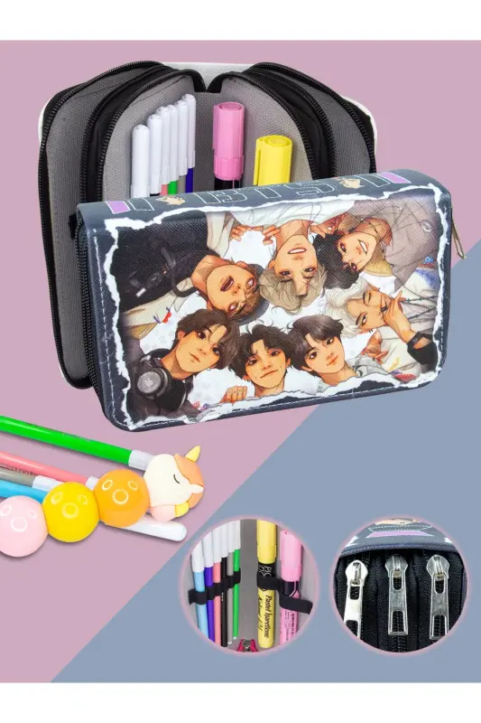 Qalam qutisi Bts Vegan charm uch bo'lmali (qalamdon)-BTS - ONESIZE