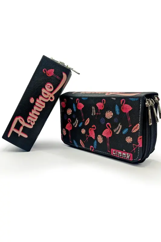 Qalam qutisi Flamingo Qora Kawai Organayzer Qalamquti Vegan charm Uch bo'lmali Qalamdon Qora-S.Flamingo - 2