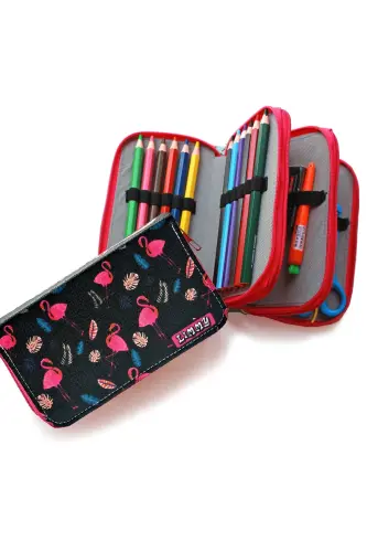 Qalam qutisi Flamingo Qora Kawai Organizer Qalamquti Vegan Charm Uch Bo'lmali Qalamdon-rangli15 - 3