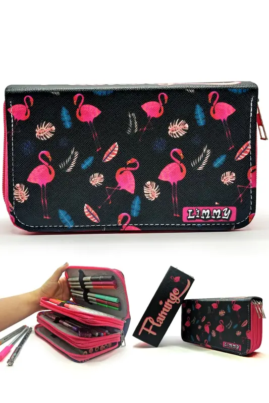 Qalam qutisi Flamingo Qora Kawai Organizer Qalamquti Vegan Charm Uch Bo'lmali Qalamdon-rangli15 - LIMMY