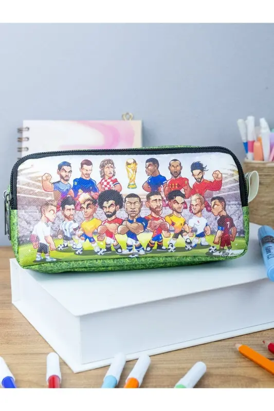 Qalam qutisi Futbol temalı Ikki bo'lmali Vegan teri (Juft ko'zli qalamdon) - 2 li Futbol temalı - 2