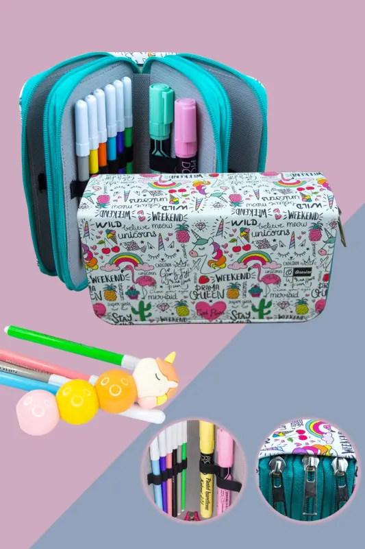 Qalam qutisi Queen Unicorn Kawaii Vegan charm uch bo'lmali (qalamdon) - Queen Unicorn yashil fermuar - 1