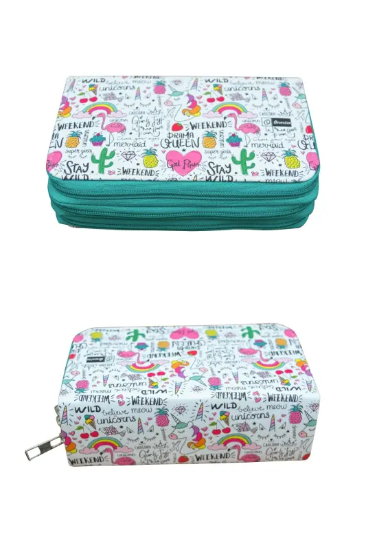 Qalam qutisi Queen Unicorn Kawaii Vegan charm uch bo'lmali (qalamdon) - Queen Unicorn yashil fermuar - 3