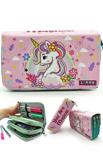 Qalam qutisi Unicorn Bahor mavzusidagi Kawai Organizer Qalam qutisi Vegan teri Uch bo'limli Qalamlik 