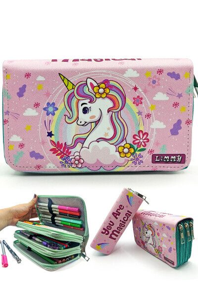 Qalam qutisi Unicorn Bahor mavzusidagi Kawai Organizer Qalam qutisi Vegan teri Uch bo'limli Qalamlik - LIMMY