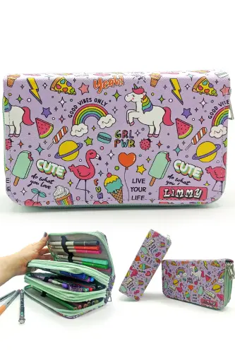 Qalam qutisi Unicorn-flamingo Kawai Organizer Qalamkuti Vegan charm Uch bo'lmali qalamdon - Yashil-Binafshaunicorn 